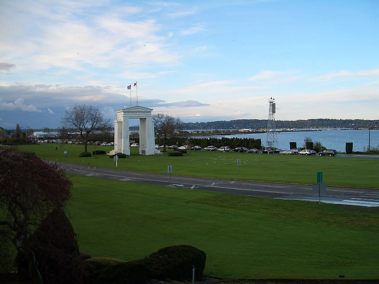 The Peace Arch with Semiahmoo Bay behind